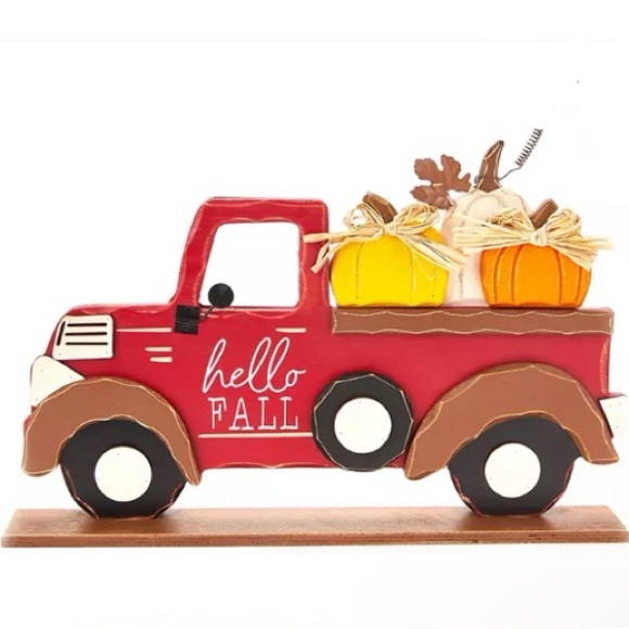 NWT Large- Hello Fall- Red Wooden Farmtruck with 3 Pumpkins Decoration w/ Base - Picture 15 of 17